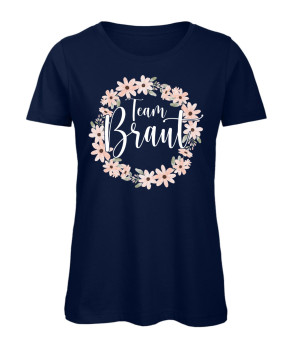 Preview: Team Braut JGA T-Shirt mit Blumenkranz-Design Marineblau