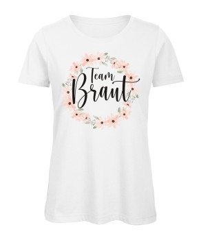 Preview: Team Braut JGA T-Shirt mit Blumenkranz-Design Weiß