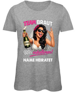 Preview: Team Braut JGA Frauen T-Shirt personalisiert mit Name der Braut Jahrgang und Rockerhand Grau Meliert