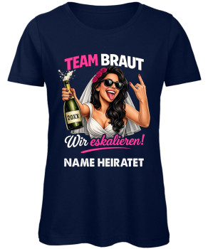 Preview: Team Braut JGA Frauen T-Shirt personalisiert mit Name der Braut Jahrgang und Rockerhand Marineblau