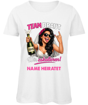 Preview: Team Braut JGA Frauen T-Shirt personalisiert mit Name der Braut Jahrgang und Rockerhand Weiß