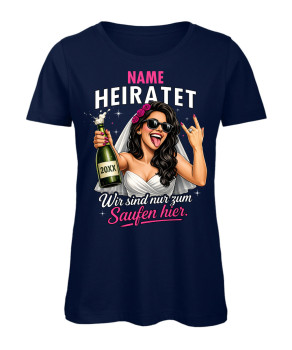 Preview: Frauen T-Shirt JGA Braut mit Sektflasche und Metalhand wir sind nur zum Saufen hier Marineblau