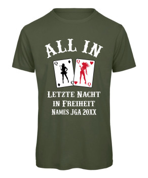 JGA Poker T-Shirt - All In mit Namen des Bräutigams Olive