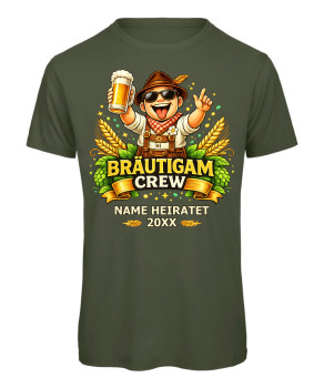 Preview: JGA T-Shirt Bräutigam Crew personalisiert im Trachten-Look mit Name und Datum - Olive