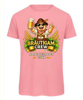 Preview: JGA T-Shirt Bräutigam Crew personalisiert im Trachten-Look mit Name und Datum - Rosa