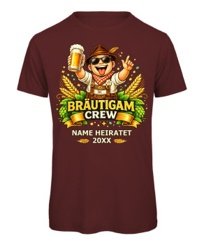 Preview: JGA T-Shirt Bräutigam Crew personalisiert im Trachten-Look mit Name und Datum - Bordeaux