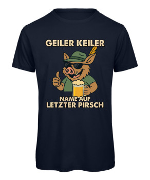 Preview: Geiler Keiler JGA T-Shirt – Vorderansicht des witzigen Junggesellenabschied-Shirts - Marinelblau