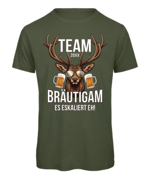 Preview: Team Bräutigam JGA T-Shirt mit Hirsch und Bier Motiv - Olive