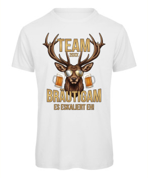 Preview: Team Bräutigam JGA T-Shirt mit Hirsch und Bier Motiv -  Weiß