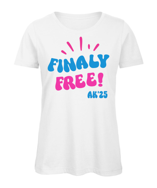Finaly Free Abschluss T-Shirt für Mädels mit individuellem Jahrgangsdruck für Abi und Schulabschluss in Weiß