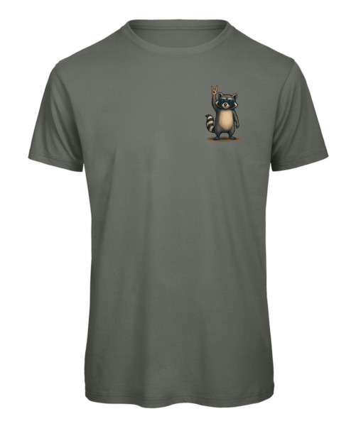 Buntes T-Shirt mit rockendem Waschbär und coolem Design - Olive