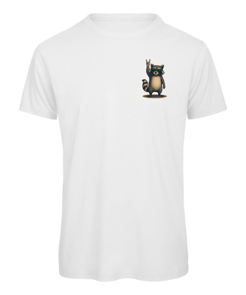 Buntes T-Shirt mit rockendem Waschbär und coolem Design - Weiß