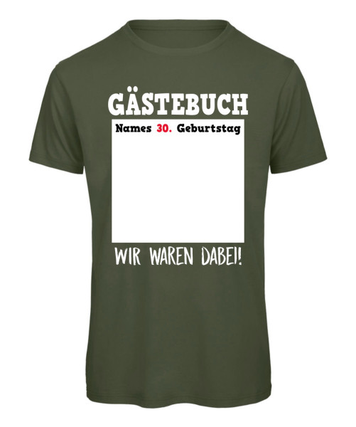 Gästebuch T-Shirt zum 30. Geburtstag personalisierbar in Olive