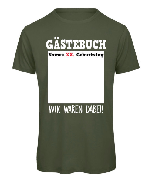 Personalisiertes Gästebuch Geburtstags T-Shirt zum Unterschreiben in Olive