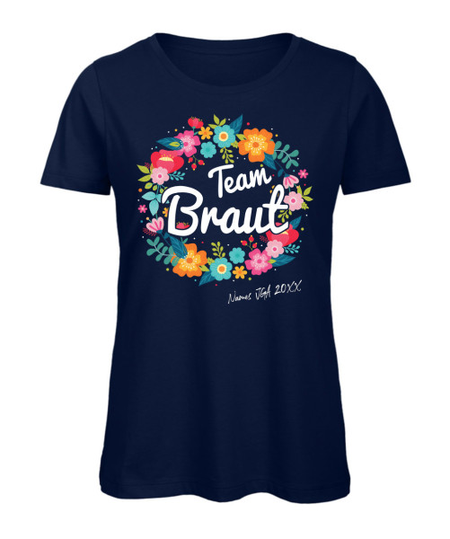 Bunter Blumenkranz JGA T-Shirt – Team Braut in Marineblau