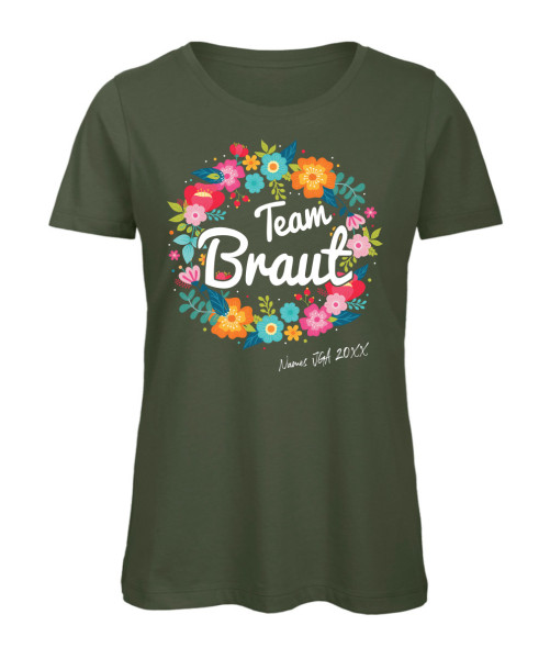 Bunter Blumenkranz JGA T-Shirt – Team Braut in Olive