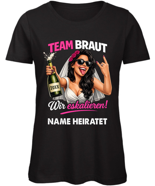 Team Braut JGA Frauen T-Shirt personalisiert mit Name der Braut Jahrgang und Rockerhand