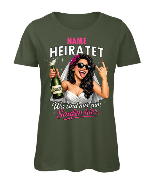 Frauen T-Shirt JGA Braut mit Sektflasche und Metalhand wir sind nur zum Saufen hier Olive
