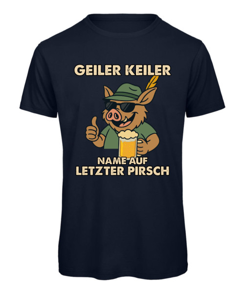 Geiler Keiler JGA T-Shirt – Vorderansicht des witzigen Junggesellenabschied-Shirts - Marinelblau