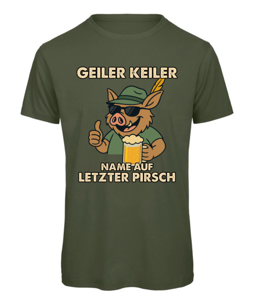 Geiler Keiler JGA T-Shirt – Vorderansicht des witzigen Junggesellenabschied-Shirts - Oliv
