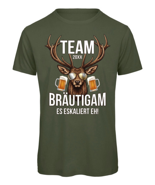 Team Bräutigam JGA T-Shirt mit Hirsch und Bier Motiv - Olive