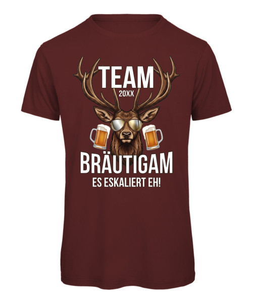 Team Bräutigam JGA T-Shirt mit Hirsch und Bier Motiv - Bordeaux
