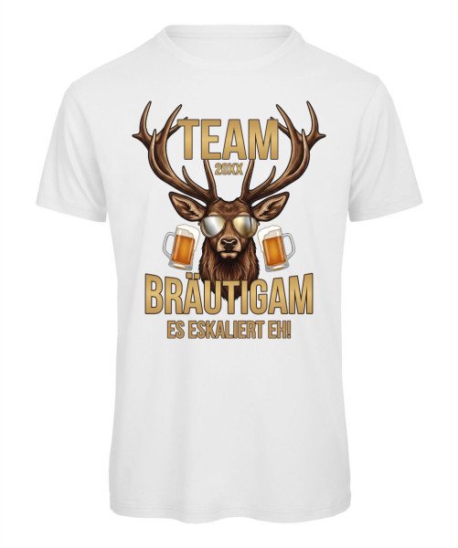 Team Bräutigam JGA T-Shirt mit Hirsch und Bier Motiv -  Weiß