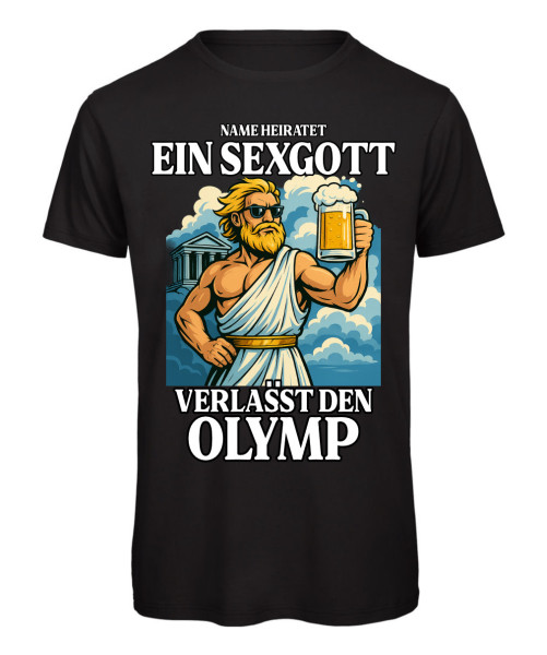 Sexgott im griechischen Stil mit Bier vor dem Olymp – JGA T-Shirt Motiv
