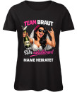 Team Braut JGA Frauen T-Shirt personalisiert mit Name der Braut Jahrgang und Rockerhand